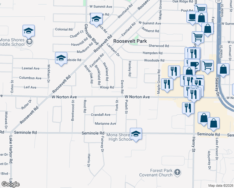 map of restaurants, bars, coffee shops, grocery stores, and more near 1225 Alison Court in Muskegon