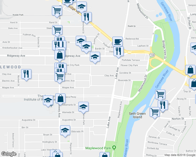 map of restaurants, bars, coffee shops, grocery stores, and more near 99 Clay Avenue in Rochester