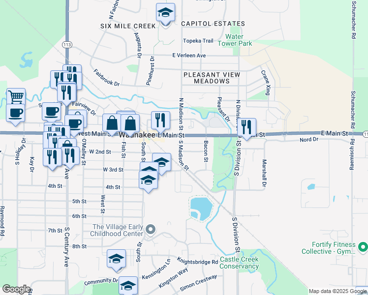 map of restaurants, bars, coffee shops, grocery stores, and more near 309 Grant Street in Waunakee
