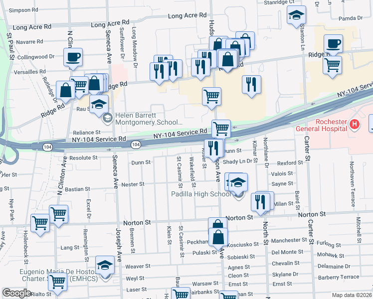 map of restaurants, bars, coffee shops, grocery stores, and more near 174 Dunn Street in Rochester