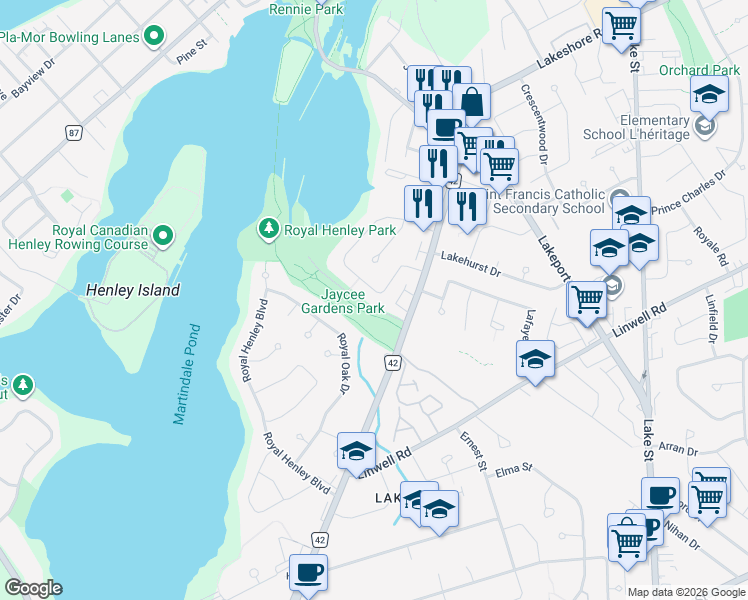 map of restaurants, bars, coffee shops, grocery stores, and more near 74 Ziraldo Road in St. Catharines