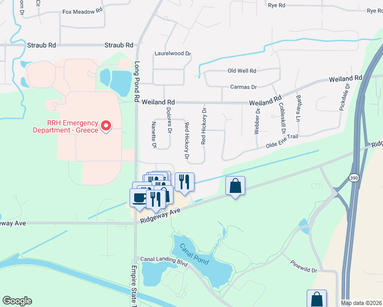 map of restaurants, bars, coffee shops, grocery stores, and more near 191 Red Hickory Drive in Rochester