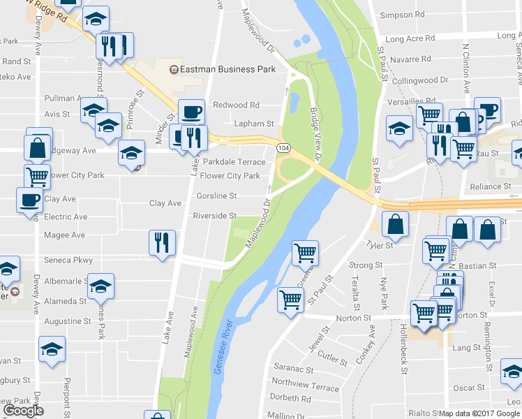 map of restaurants, bars, coffee shops, grocery stores, and more near 46 Riverside Street in Rochester