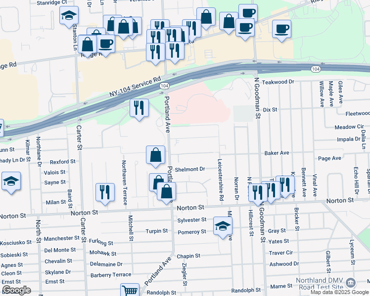map of restaurants, bars, coffee shops, grocery stores, and more near 28 Portland Parkway in Irondequoit