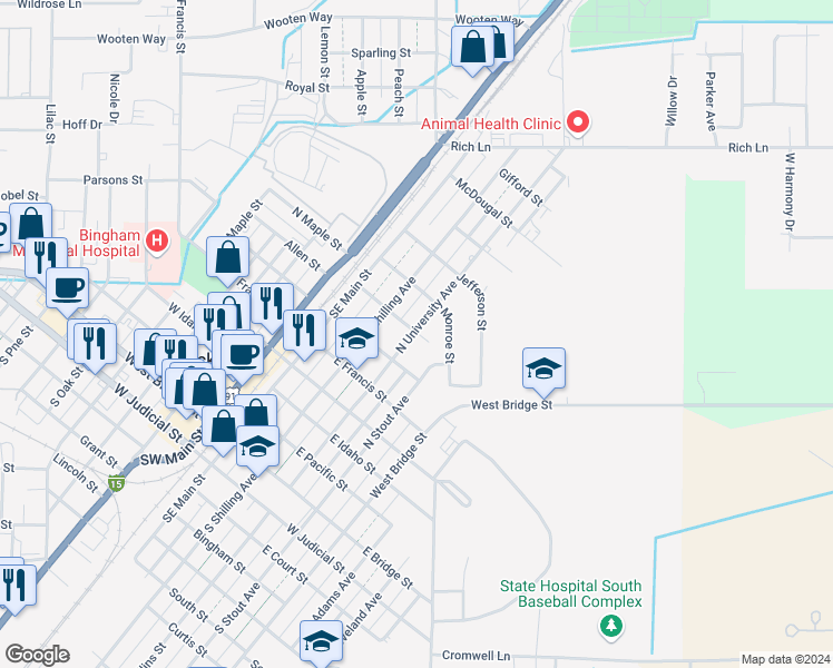 map of restaurants, bars, coffee shops, grocery stores, and more near 272 Jackson Street in Blackfoot