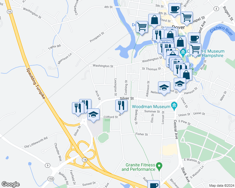 map of restaurants, bars, coffee shops, grocery stores, and more near 40 Lexington Street in Dover