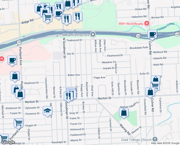 map of restaurants, bars, coffee shops, grocery stores, and more near 160 Bennett Avenue in Rochester