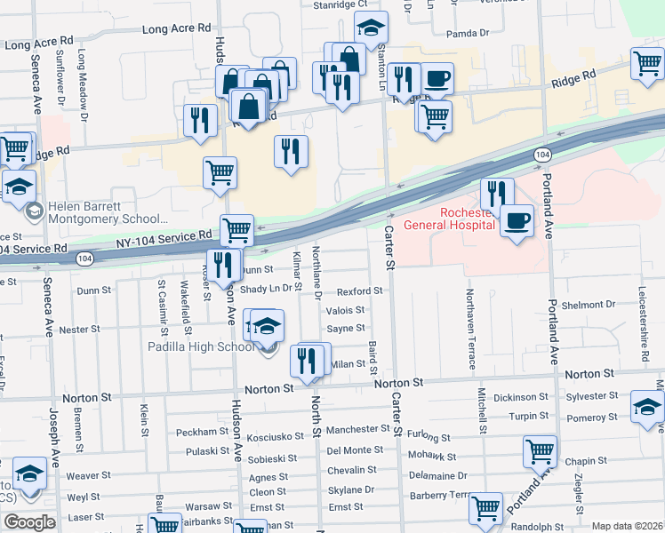 map of restaurants, bars, coffee shops, grocery stores, and more near 19 Van Olinda Street in Rochester
