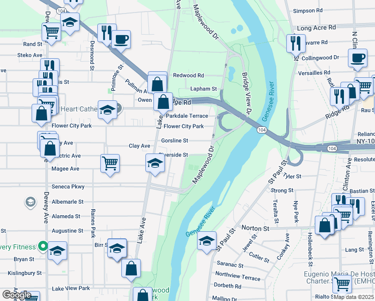 map of restaurants, bars, coffee shops, grocery stores, and more near 28 Riverside Street in Rochester