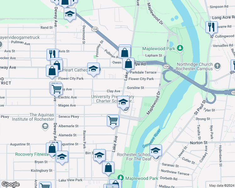 map of restaurants, bars, coffee shops, grocery stores, and more near 45 Clay Avenue in Rochester