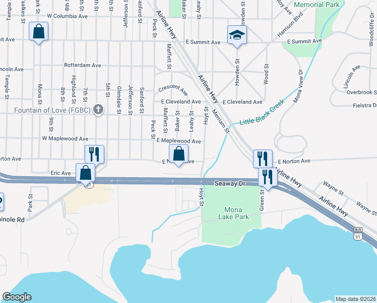 map of restaurants, bars, coffee shops, grocery stores, and more near 104 East Norton Avenue in Muskegon Heights