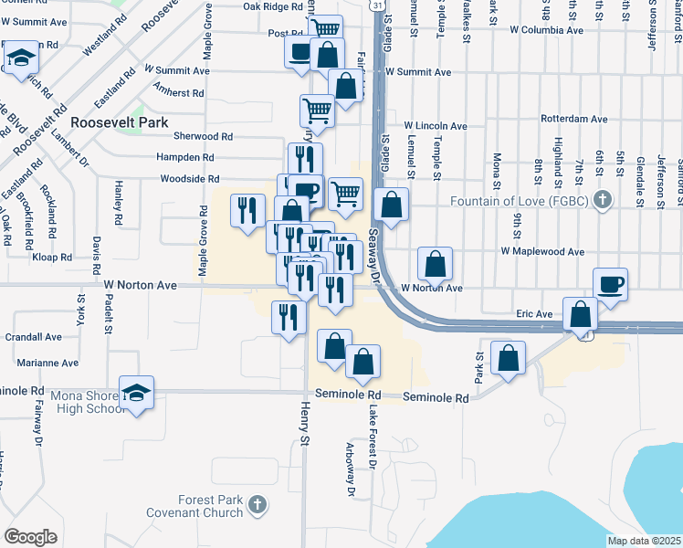 map of restaurants, bars, coffee shops, grocery stores, and more near 730 West Norton Avenue in Norton Shores