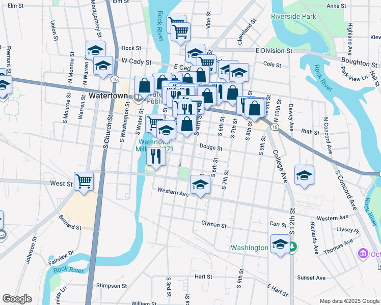 map of restaurants, bars, coffee shops, grocery stores, and more near 410 South 4th Street in Watertown