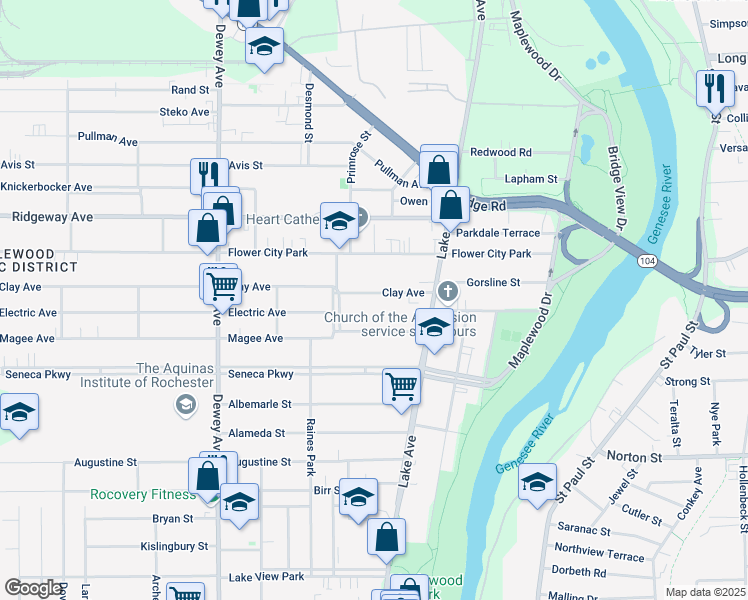 map of restaurants, bars, coffee shops, grocery stores, and more near 89 Clay Avenue in Rochester