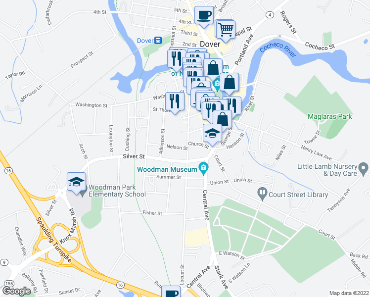 map of restaurants, bars, coffee shops, grocery stores, and more near 4 Nelson Street in Dover