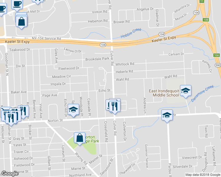 map of restaurants, bars, coffee shops, grocery stores, and more near 2429 Culver Road in Rochester