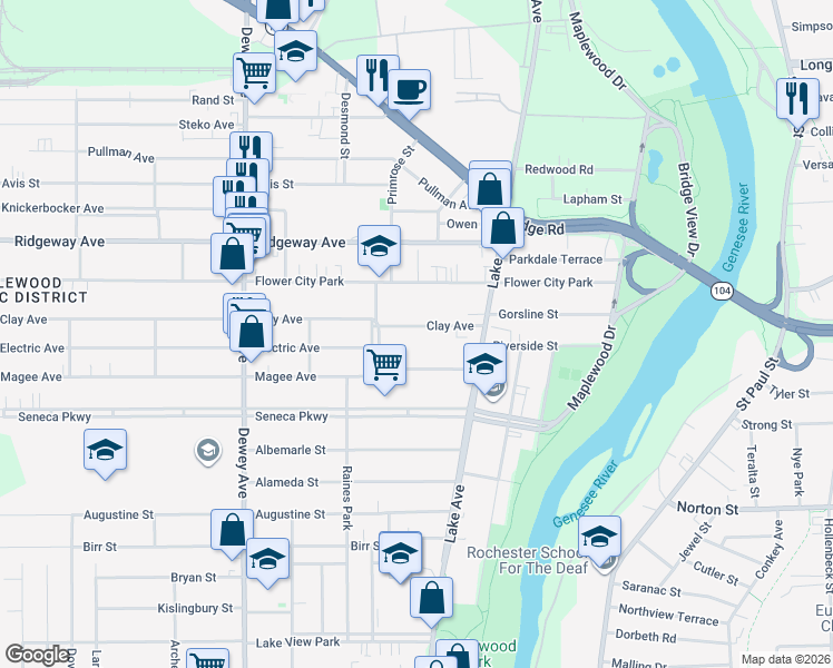 map of restaurants, bars, coffee shops, grocery stores, and more near 89 Clay Avenue in Rochester
