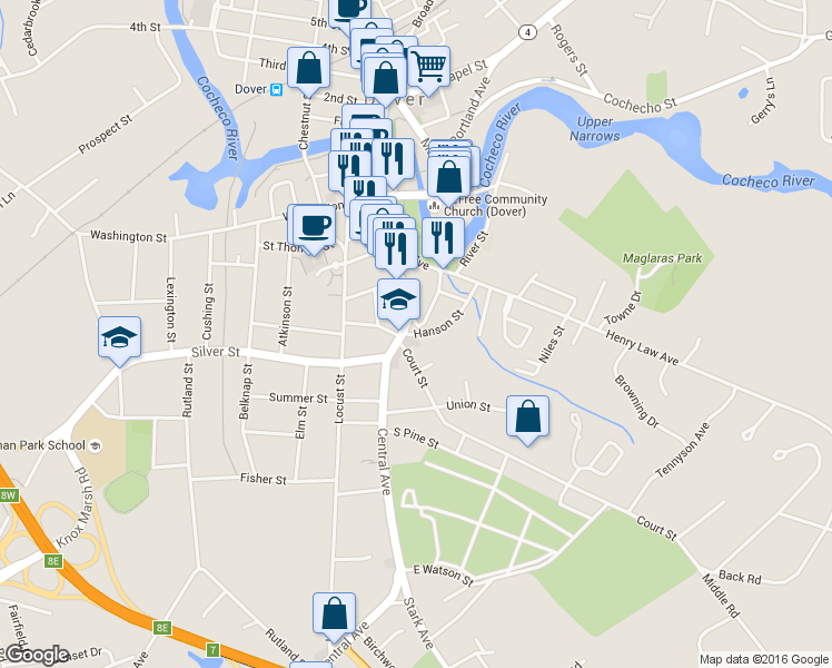map of restaurants, bars, coffee shops, grocery stores, and more near 218 Central Avenue in Dover