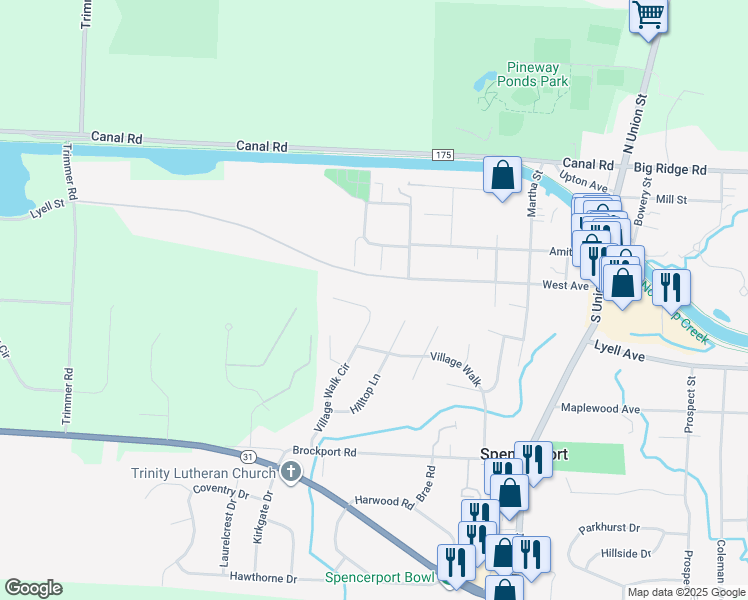 map of restaurants, bars, coffee shops, grocery stores, and more near 355 Village Walk Circle in Spencerport