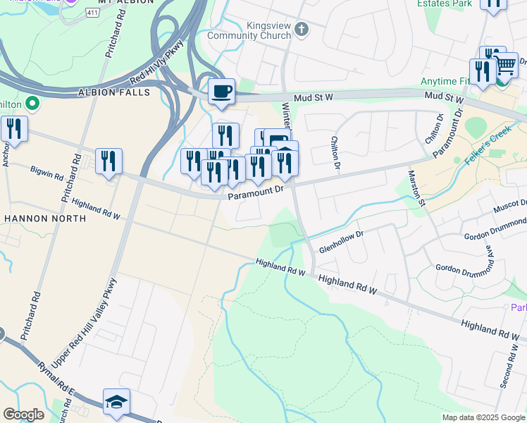 map of restaurants, bars, coffee shops, grocery stores, and more near 800 Paramount Drive in Hamilton