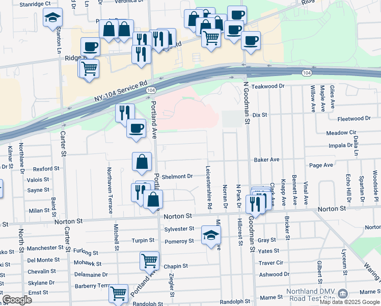 map of restaurants, bars, coffee shops, grocery stores, and more near 380 Portland Parkway in Rochester