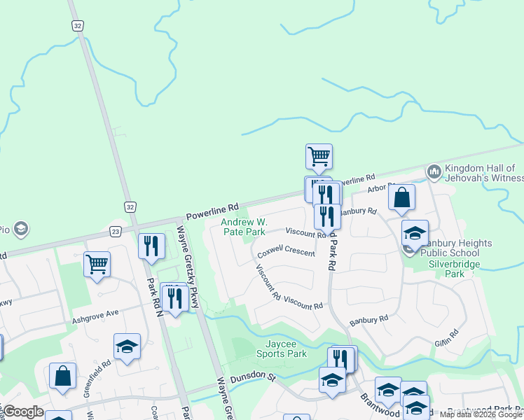 map of restaurants, bars, coffee shops, grocery stores, and more near 23 Anastasia Crescent in Brantford