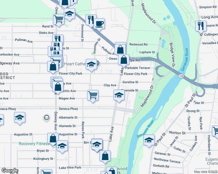 map of restaurants, bars, coffee shops, grocery stores, and more near 45 Clay Avenue in Rochester