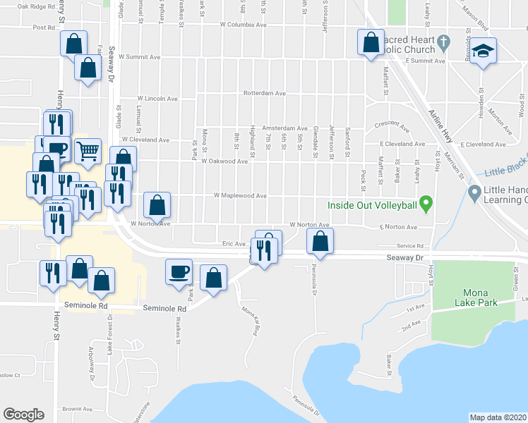 map of restaurants, bars, coffee shops, grocery stores, and more near 3369 7th Street in Muskegon Heights