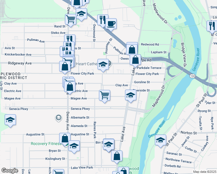 map of restaurants, bars, coffee shops, grocery stores, and more near 111 Clay Avenue in Rochester