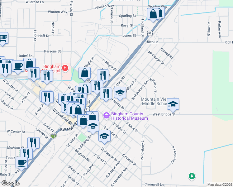 map of restaurants, bars, coffee shops, grocery stores, and more near 401-499 North Shilling Avenue in Blackfoot