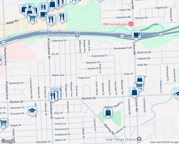 map of restaurants, bars, coffee shops, grocery stores, and more near 525 Sanborn Avenue in Rochester