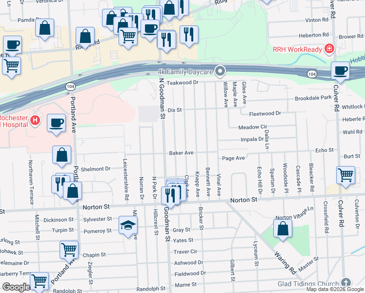 map of restaurants, bars, coffee shops, grocery stores, and more near 162 Taft Avenue in Rochester