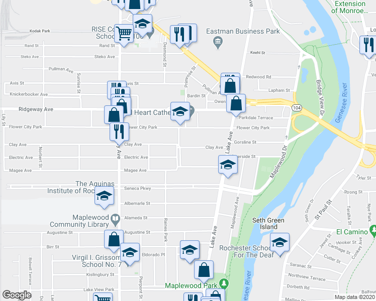 map of restaurants, bars, coffee shops, grocery stores, and more near 99 Clay Avenue in Rochester
