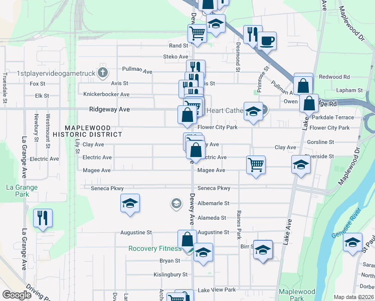 map of restaurants, bars, coffee shops, grocery stores, and more near 210 Electric Avenue in Rochester