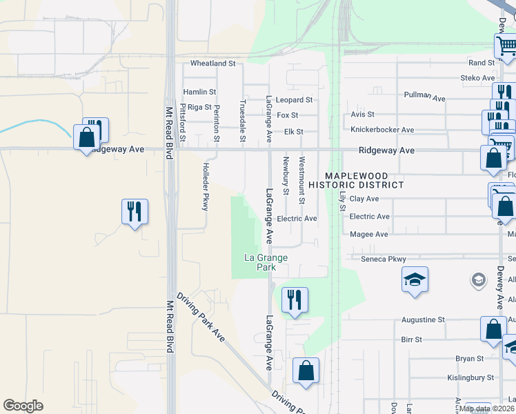 map of restaurants, bars, coffee shops, grocery stores, and more near 388 La Grange Avenue in Rochester