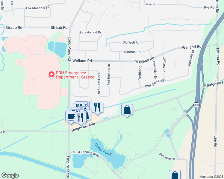 map of restaurants, bars, coffee shops, grocery stores, and more near 114 Red Hickory Drive in Rochester