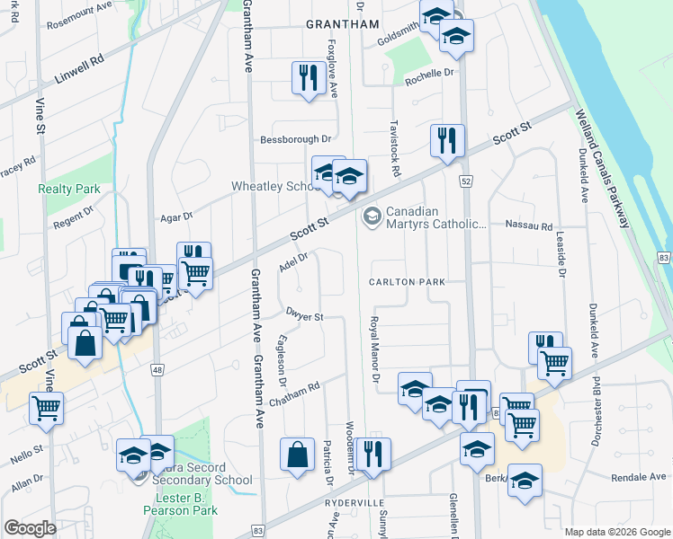 map of restaurants, bars, coffee shops, grocery stores, and more near in St. Catharines