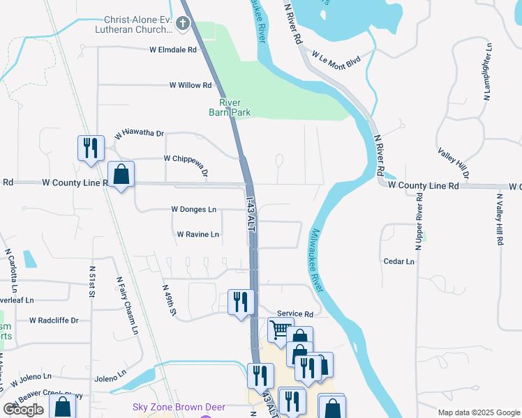 map of restaurants, bars, coffee shops, grocery stores, and more near 4241 West Hawthorne Trace Road in Brown Deer