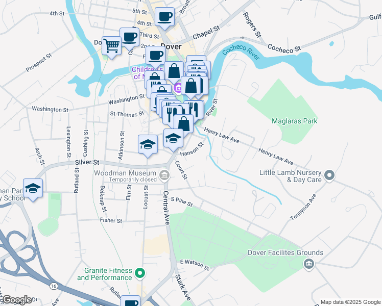 map of restaurants, bars, coffee shops, grocery stores, and more near 17 Hanson St in Dover