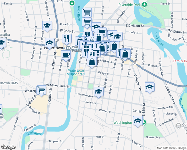 map of restaurants, bars, coffee shops, grocery stores, and more near 410 South 4th Street in Watertown