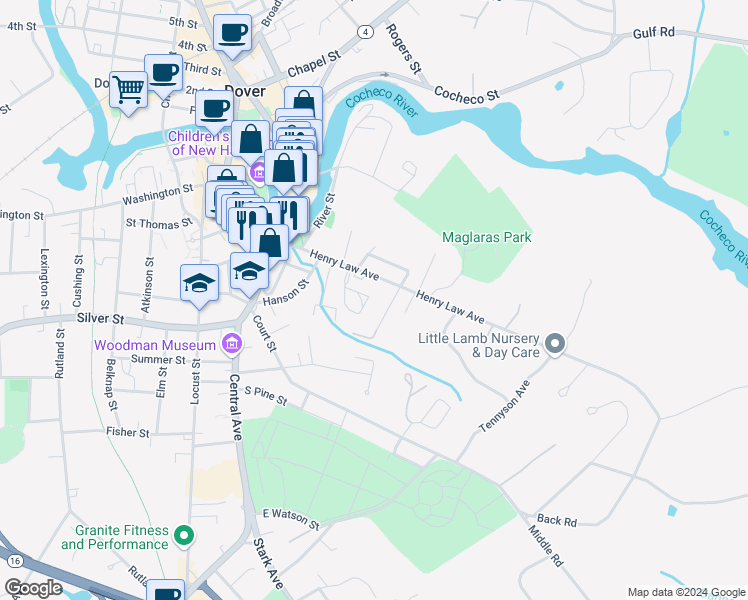 map of restaurants, bars, coffee shops, grocery stores, and more near 506 Cocheco Court in Dover