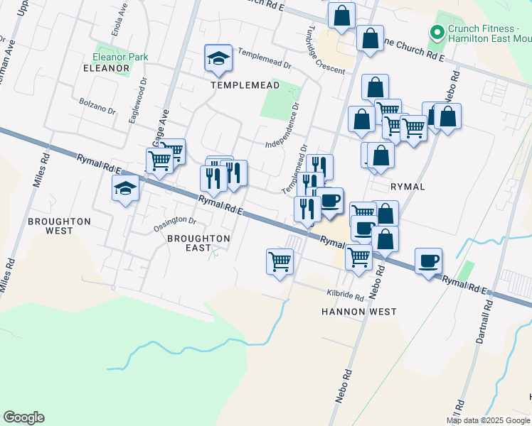 map of restaurants, bars, coffee shops, grocery stores, and more near 1049 Rymal Road East in Hamilton