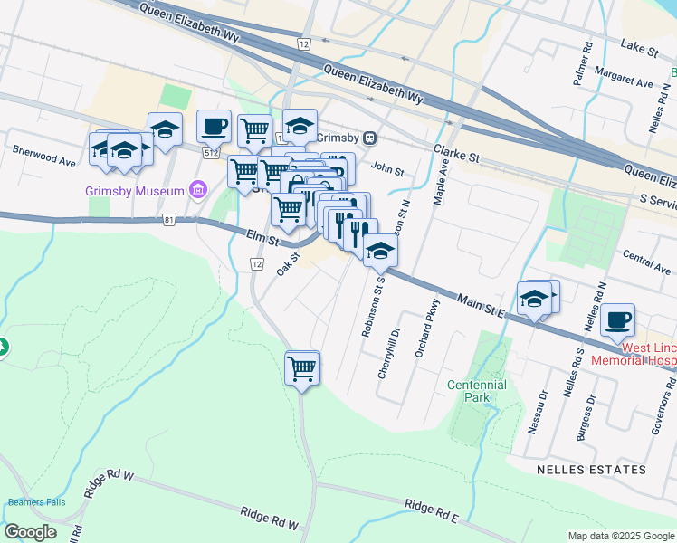 map of restaurants, bars, coffee shops, grocery stores, and more near 8 Kingsway Boulevard in Grimsby