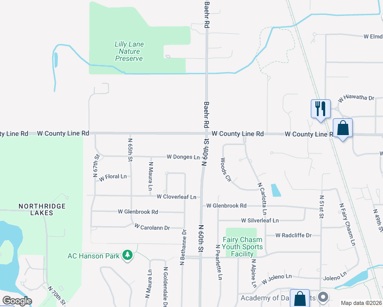 map of restaurants, bars, coffee shops, grocery stores, and more near 6103 West Donges Lane in Brown Deer