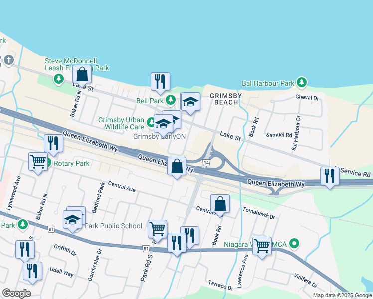 map of restaurants, bars, coffee shops, grocery stores, and more near 366 Park Road North in Grimsby