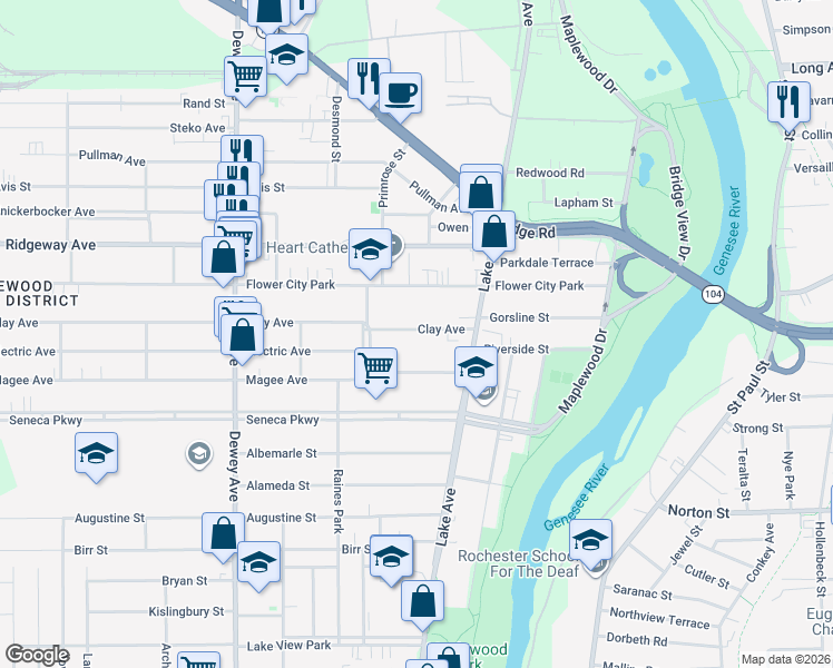 map of restaurants, bars, coffee shops, grocery stores, and more near 79 Clay Avenue in Rochester