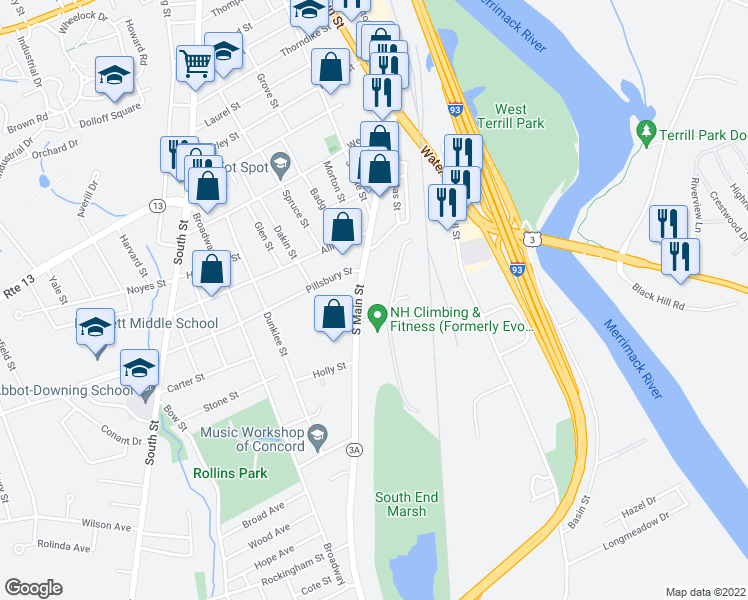 map of restaurants, bars, coffee shops, grocery stores, and more near 5 Langdon Avenue in Concord