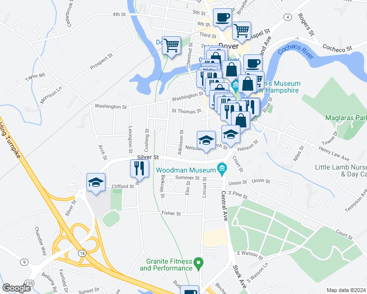 map of restaurants, bars, coffee shops, grocery stores, and more near 73 Atkinson Street in Dover