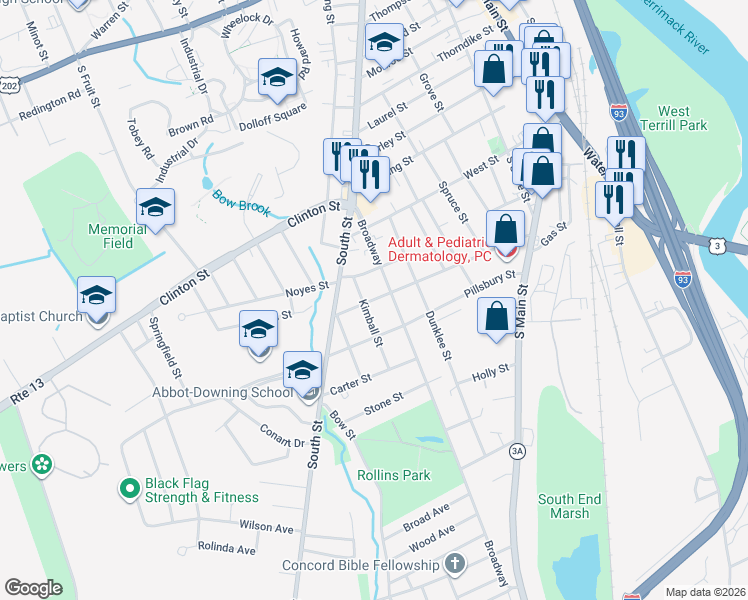 map of restaurants, bars, coffee shops, grocery stores, and more near 48 Broadway in Concord
