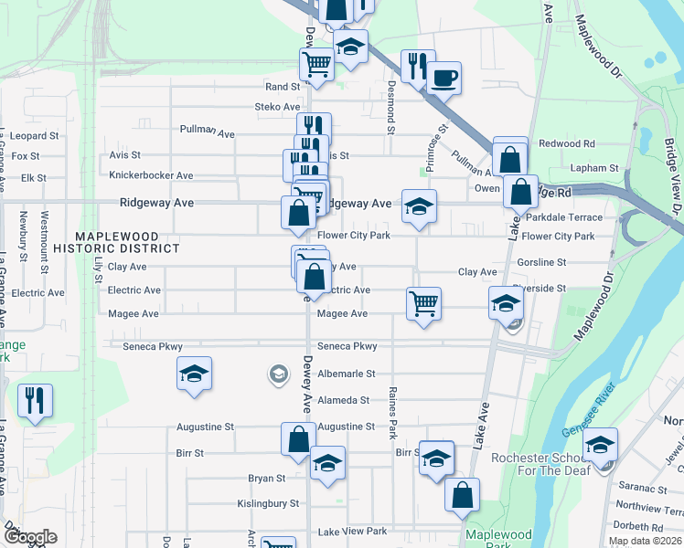 map of restaurants, bars, coffee shops, grocery stores, and more near 104 Electric Avenue in Rochester